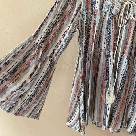 Altar’d State Striped Embellished Bell Sleeve Blouse Top Tie Neck Large Boho - Picture 7 of 13